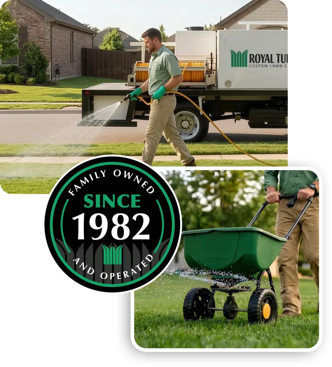 Royal Turf grid image with lawn care images and badge