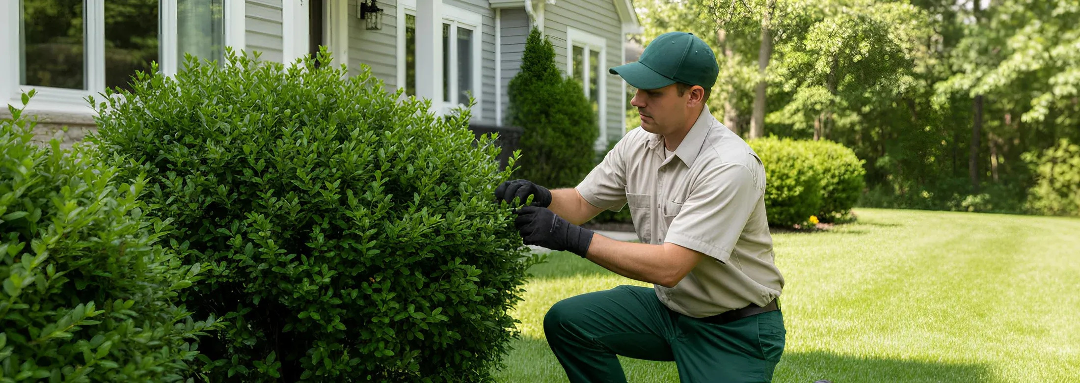 technician inspecting shrubs
