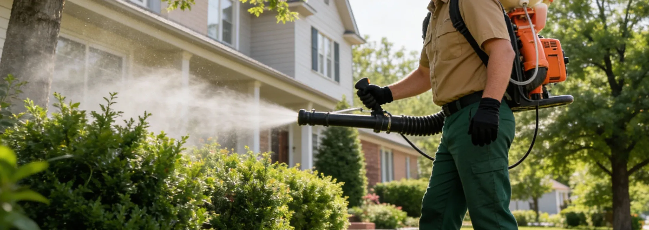 technician spraying shrubs near a house