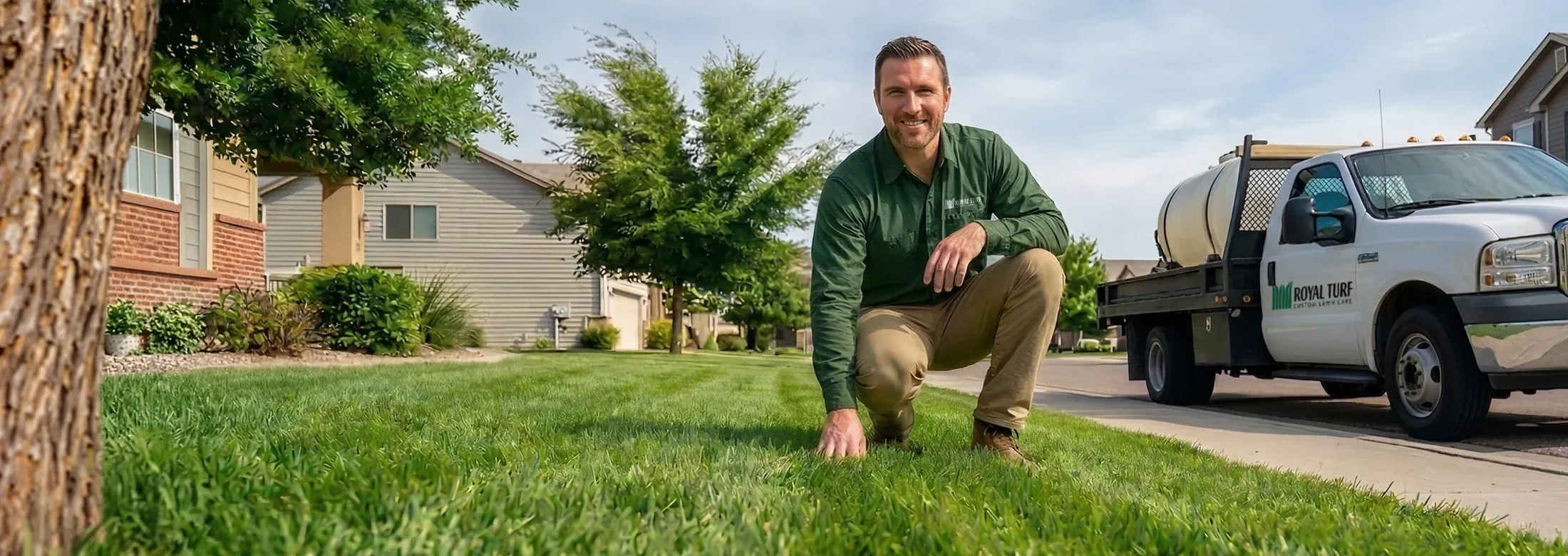 technician touching healthy lush green grass