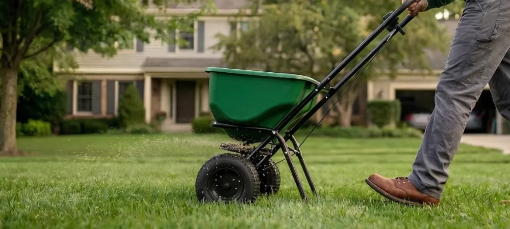 technician fertilizing lawn