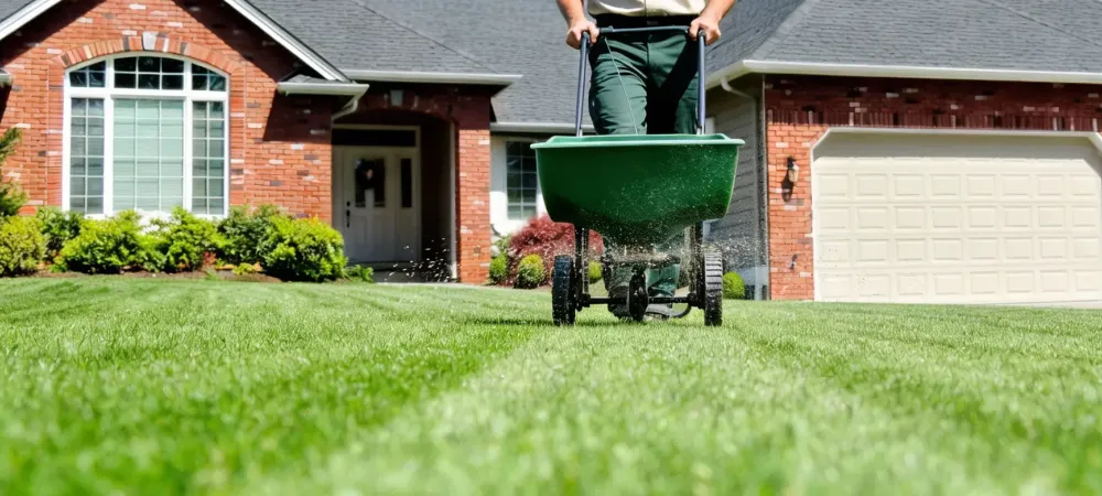 technician fertilizing lawn