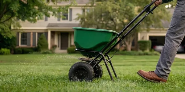 technician fertilizing lawn