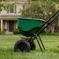 technician fertilizing lawn